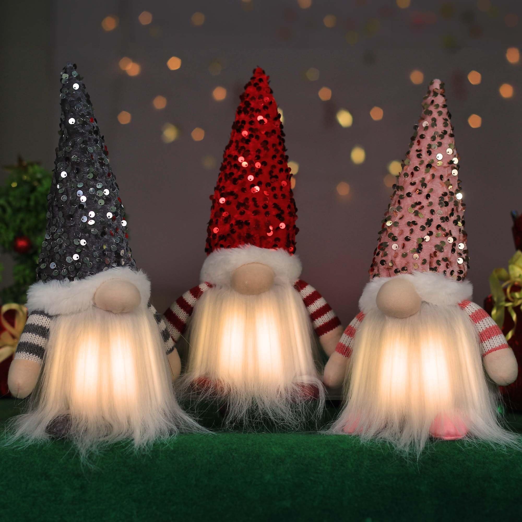 3PCS Christmas Gnome Decorations 12",Light Up Handmade Gnomes Plush Ornaments with Glitter Sequins Swedish Hat Leprechaun Dwarf,Holiday Table Decor & Gift