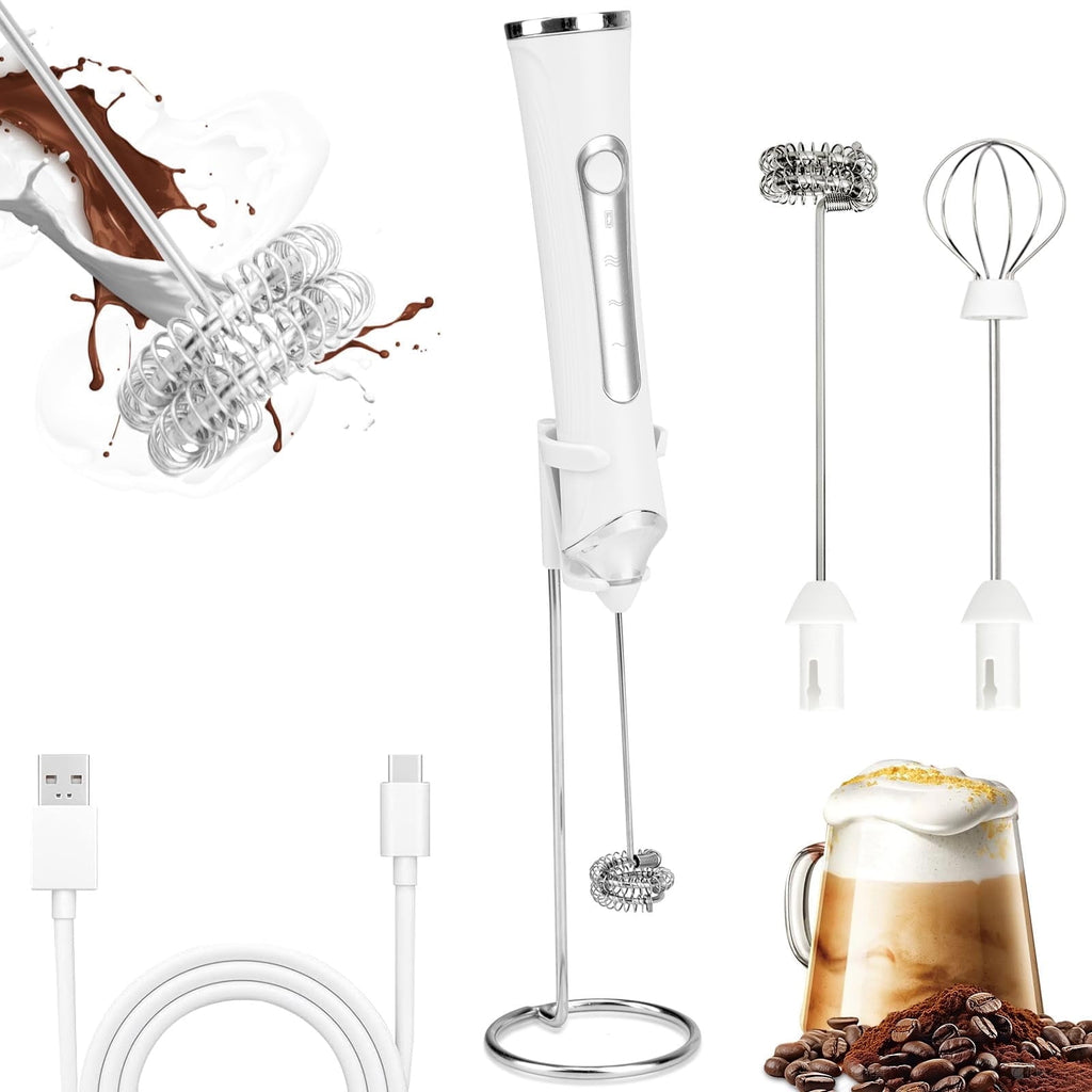 Rechargeable Handheld Milk Frother Wand – 3 Speeds Quietly, 2 Whisk Heads, Electric Coffee Foamer for Latte & Eggs