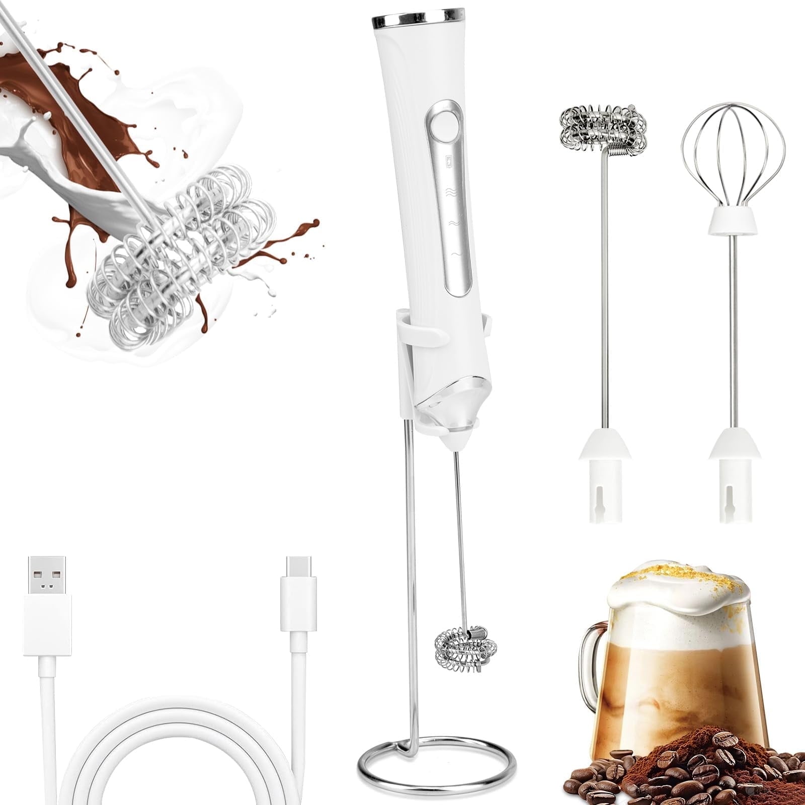 Rechargeable Handheld Milk Frother Wand – 3 Speeds Quietly, 2 Whisk Heads, Electric Coffee Foamer for Latte & Eggs