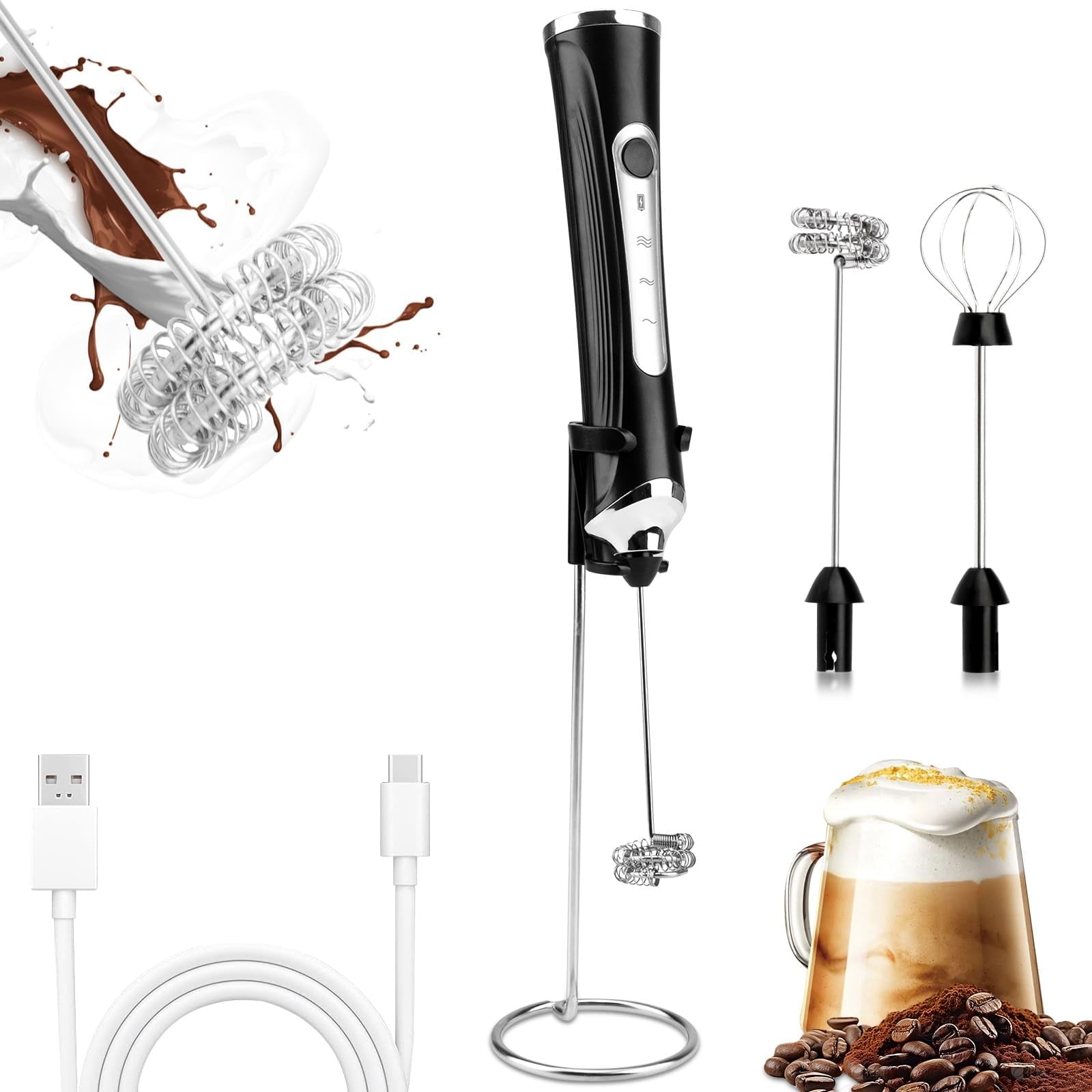 Milk Frother Type-C Rechargeable New Upgraded Handheld Frother Wand with 2 304 Stainless Whisks 1 Stand, 3 Speeds Electric Coffee Whisk Frother for Lattes, Cappuccino, Egg, Matcha, Black