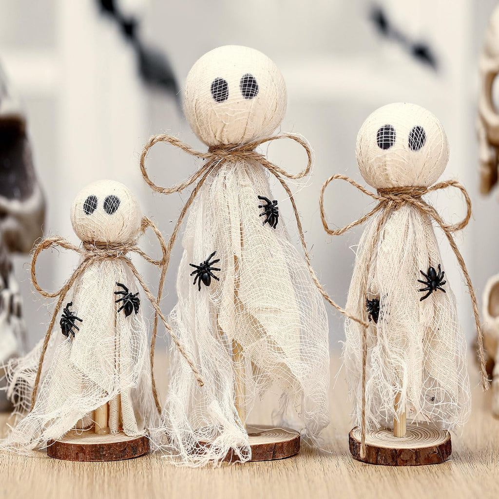 3 Pcs Primitive Halloween Ghost on Wooden Stand - Table Centerpieces, Tiered Tray Decor, Rustic Spooky Crafts for Fall Home Shelf Mantels, Indoor Decorations