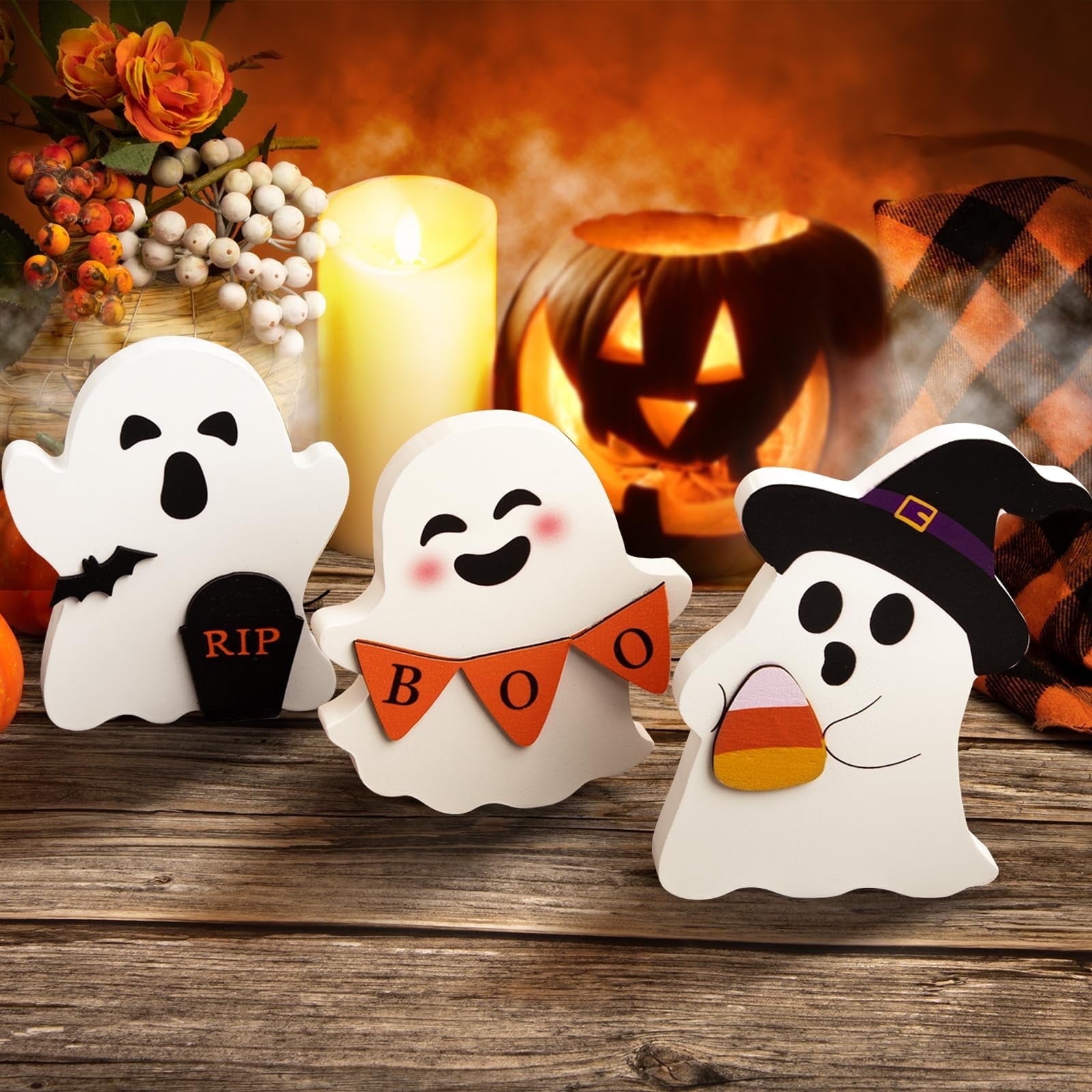 Halloween Decorations Cute Stand Ghost Decor Tabletop Wooden Signs Table Centerpieces Indoor Decorations for Halloween Fall Party Home Kitchen