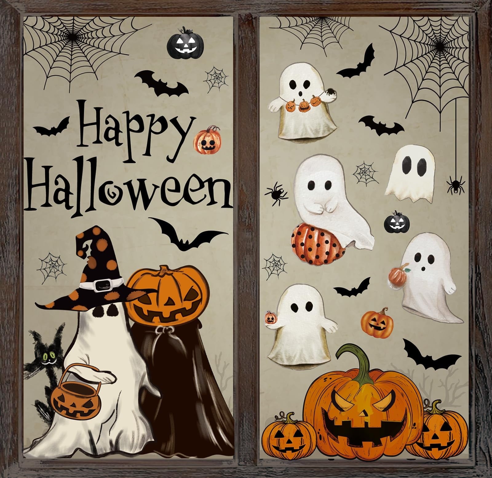 8 Sheets Halloween Window Clings Vintage Ghost Evil Pumpkin Bat Reusable Window Decals for Halloween Fall Party Supplies Home Glass Decor