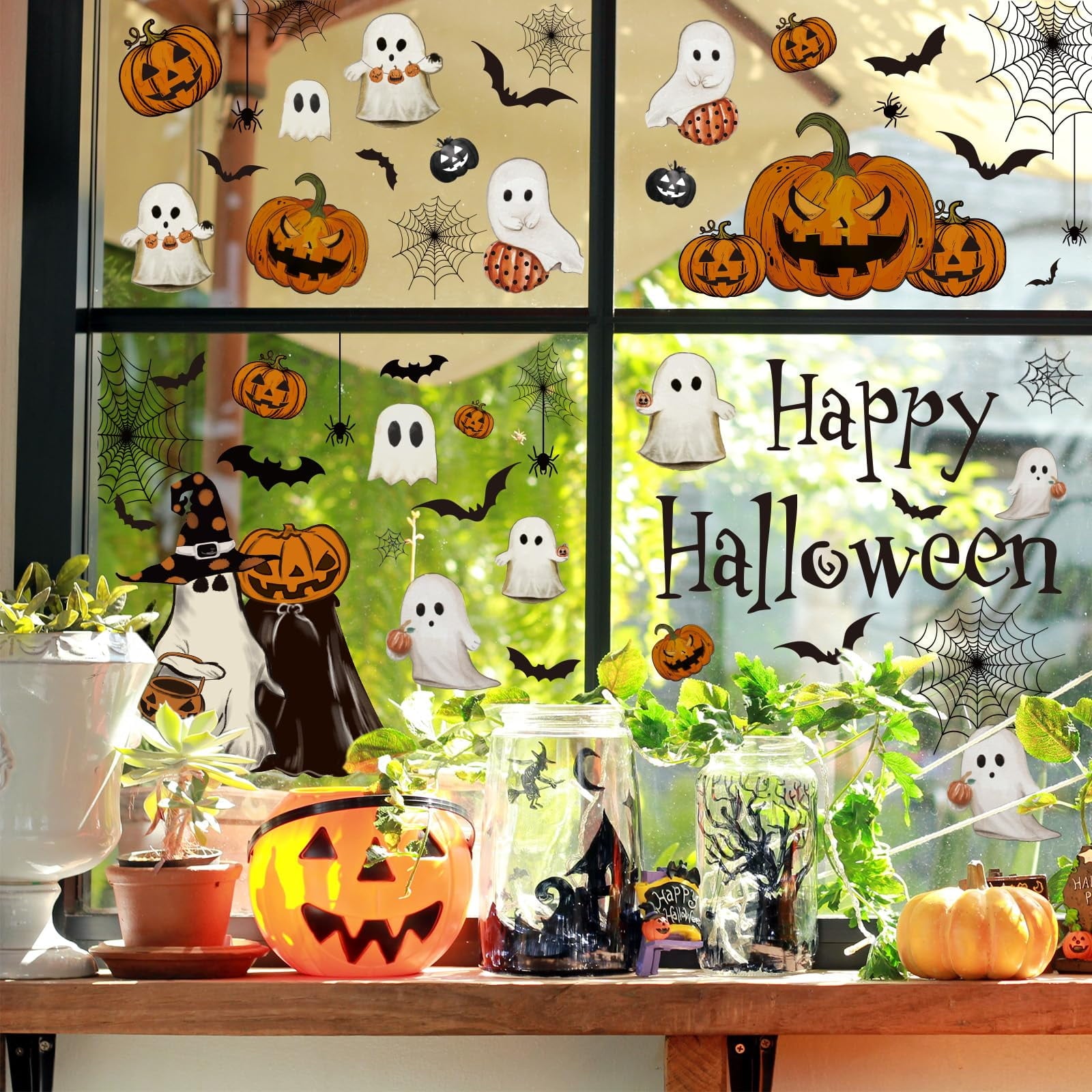 8 Sheets Halloween Window Clings Vintage Ghost Evil Pumpkin Bat Reusable Window Decals for Halloween Fall Party Supplies Home Glass Decor