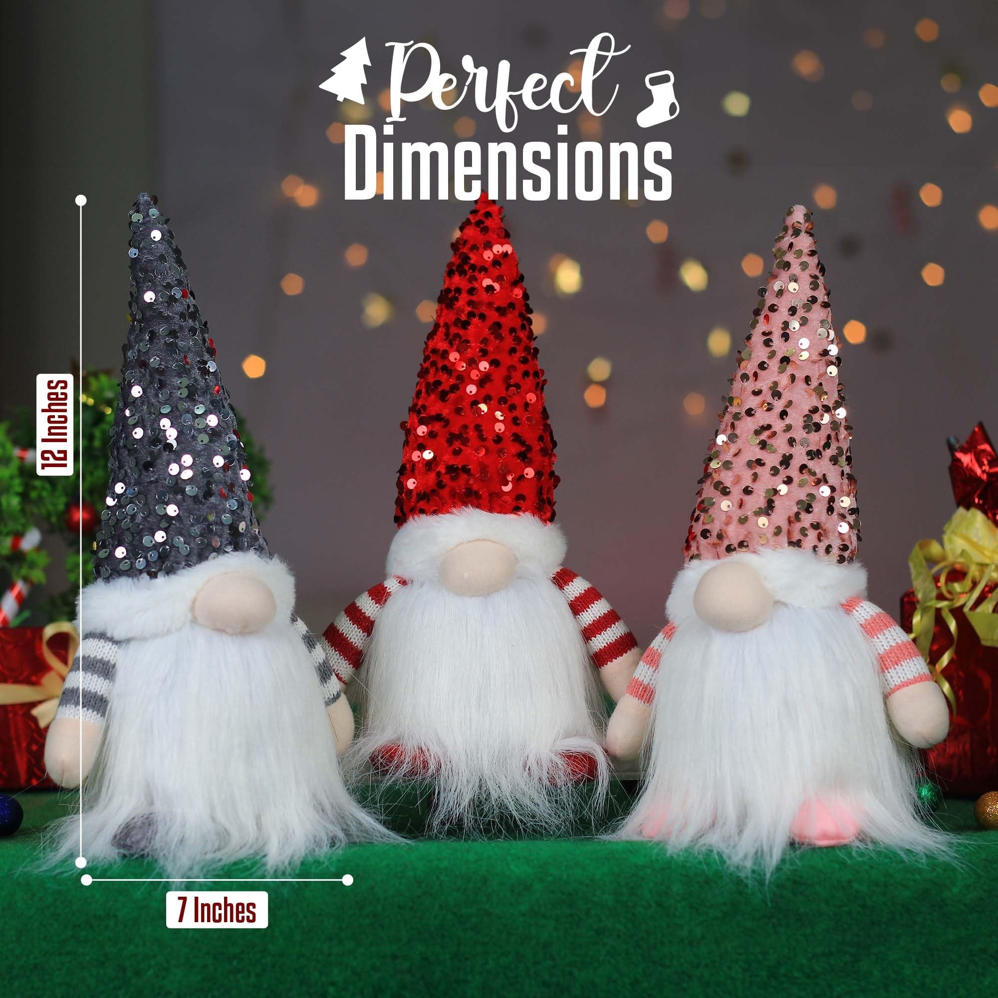 3PCS Christmas Gnome Decorations 12",Light Up Handmade Gnomes Plush Ornaments with Glitter Sequins Swedish Hat Leprechaun Dwarf,Holiday Table Decor & Gift