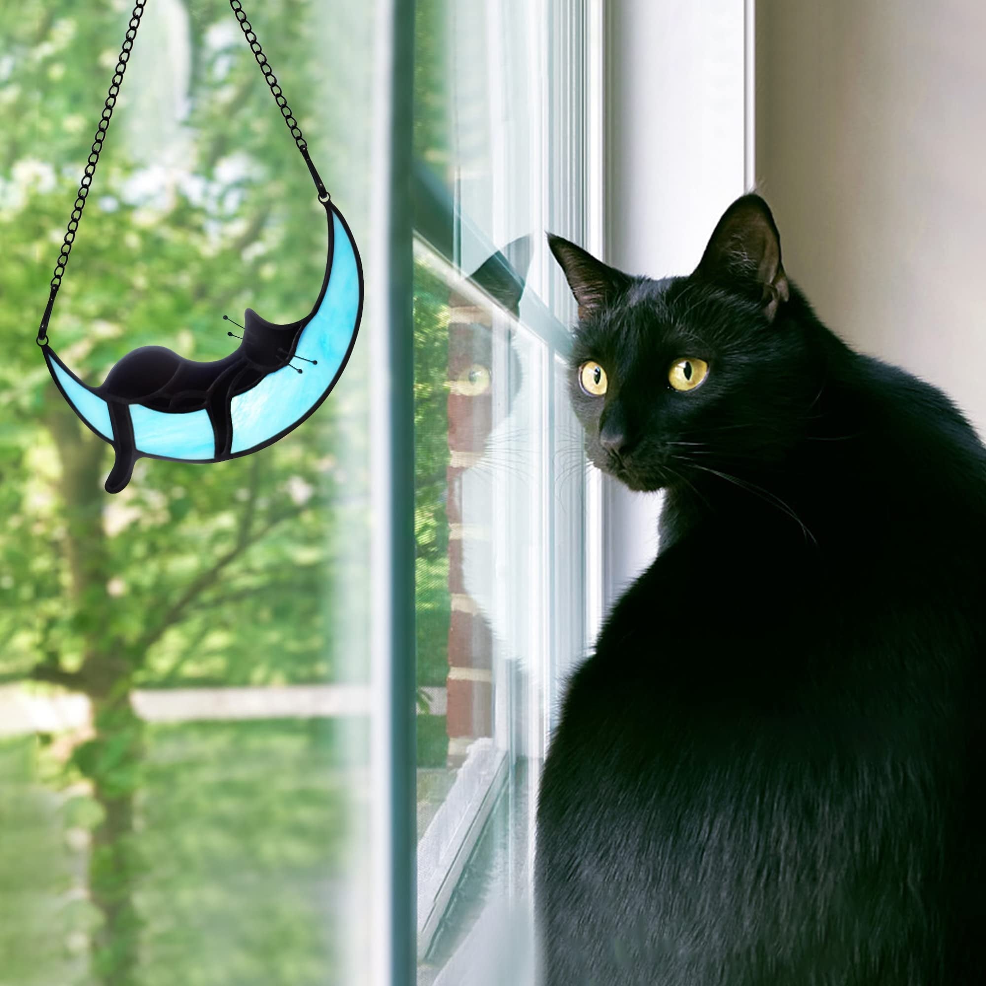 Halloween Decor Stained Glass Halloween Window Decorations Black Cat Decor Hanging Suncatcher for Windows Panels Sun Catcher Halloween Ornament Decoration
