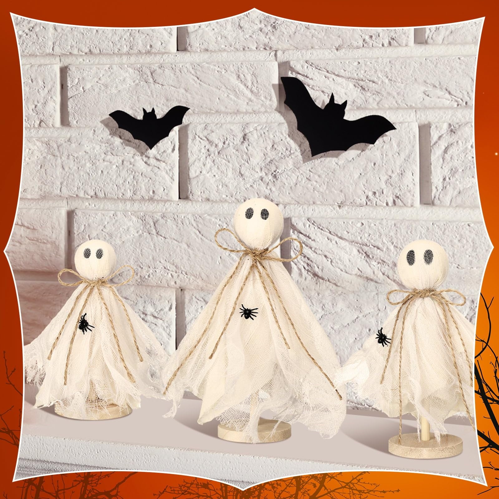 3 Pcs Primitive Halloween Ghost on Wooden Stand - Table Centerpieces, Tiered Tray Decor, Rustic Spooky Crafts for Fall Home Shelf Mantels, Indoor Decorations