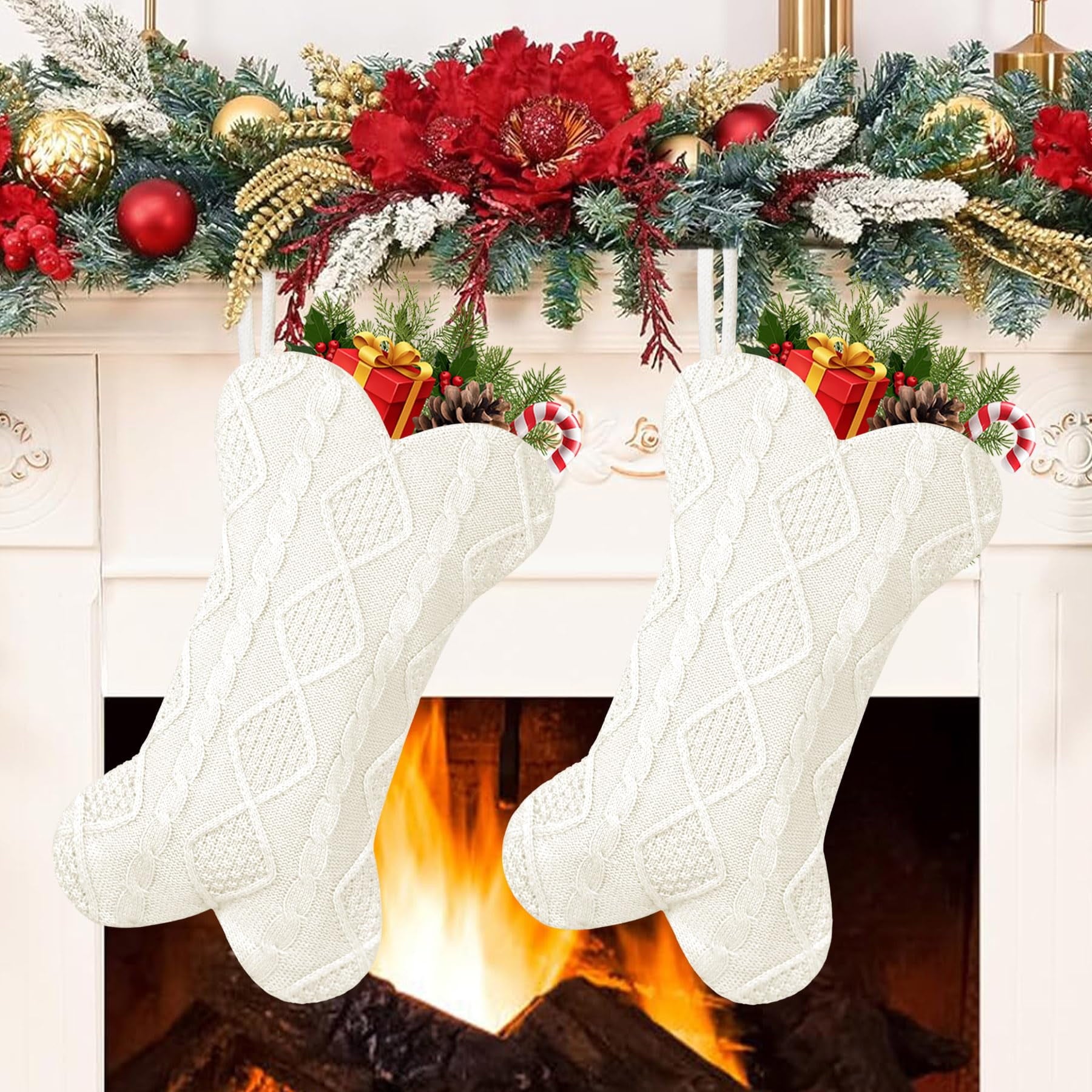STYZIGZZ 18 Inches Christmas Stocking Cute Christmas Decorations Indoor Personalized Stockings Fireplace Knitted Xmas Stockings for Holiday Christmas Decoration White,2Pcs