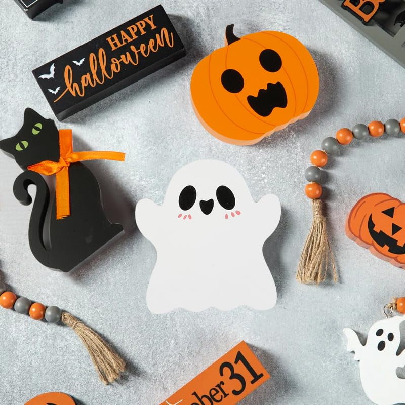 Halloween Decorations Cute Ghost Tiered Tray Indoor Halloween Tabletop Decor Table Wooden Signs Table Centerpieces Rustic Farmhouse Indoor Decorations for Halloween Fall Party Home Kitchen