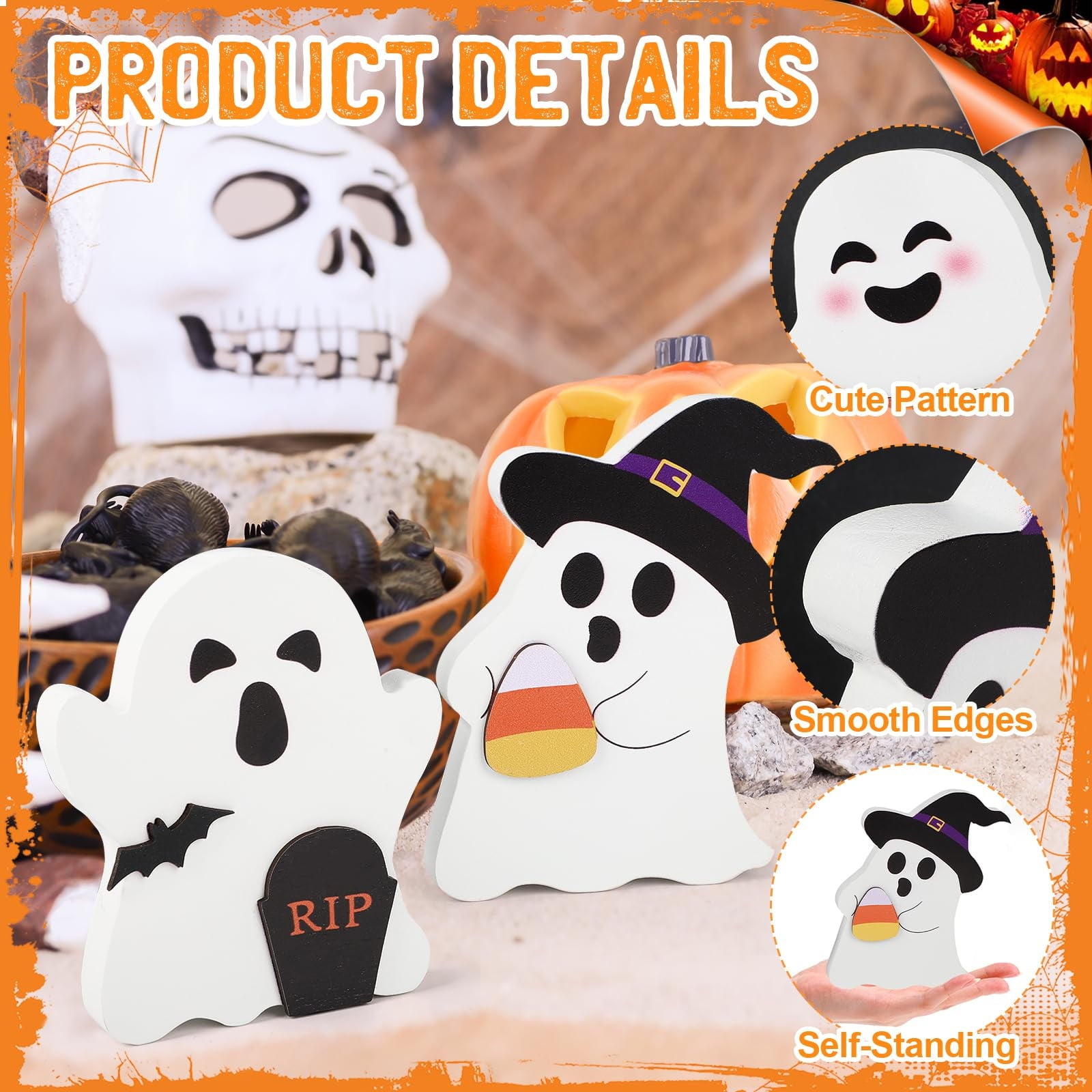 Halloween Decorations Cute Stand Ghost Decor Tabletop Wooden Signs Table Centerpieces Indoor Decorations for Halloween Fall Party Home Kitchen