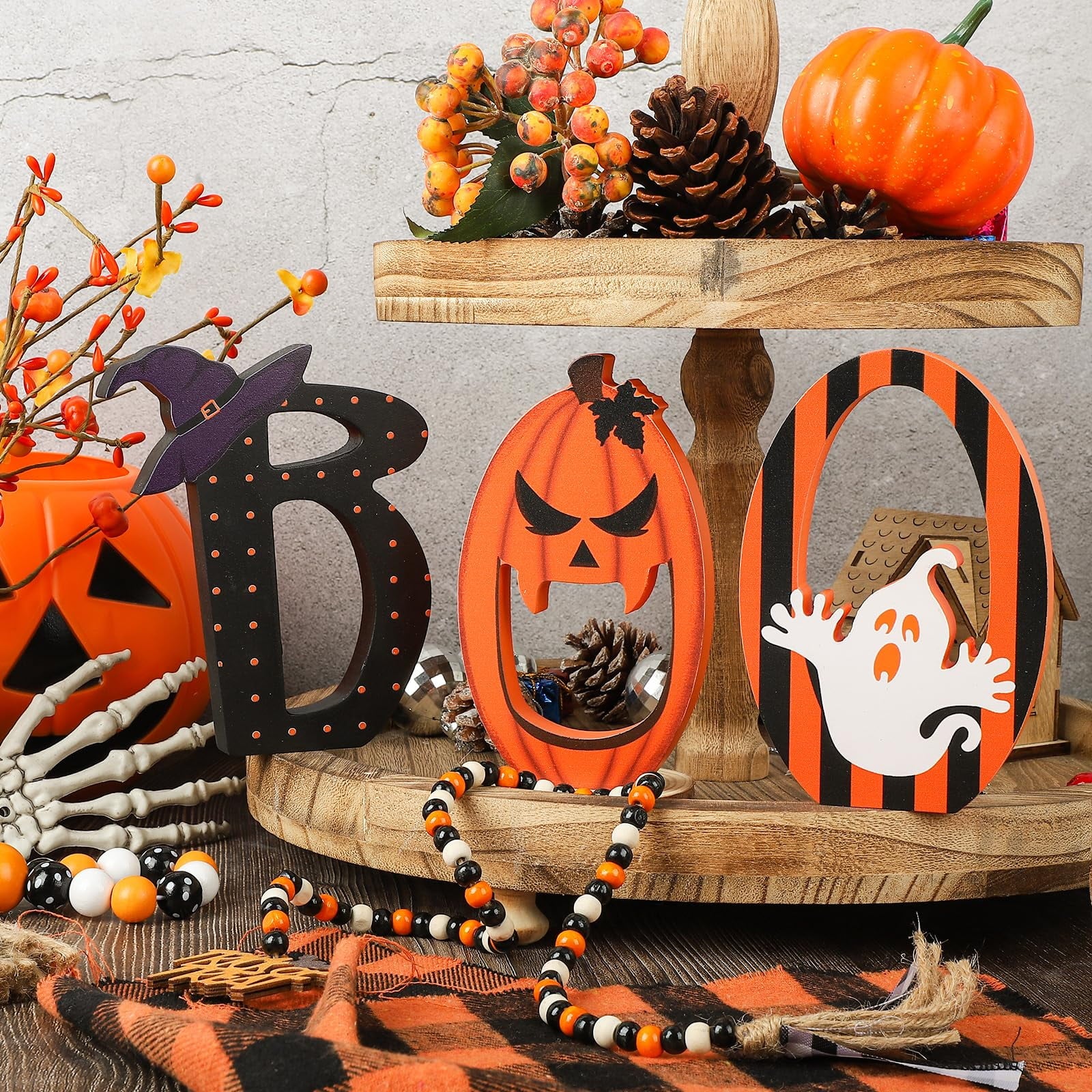 BOO Signs Halloween Table Decorations Indoor, Retro Halloween Black Orange Tiered Tray Decor Set of 3, Wooden Happy BOO Day Decoration Sign for Party Home Shelf Display