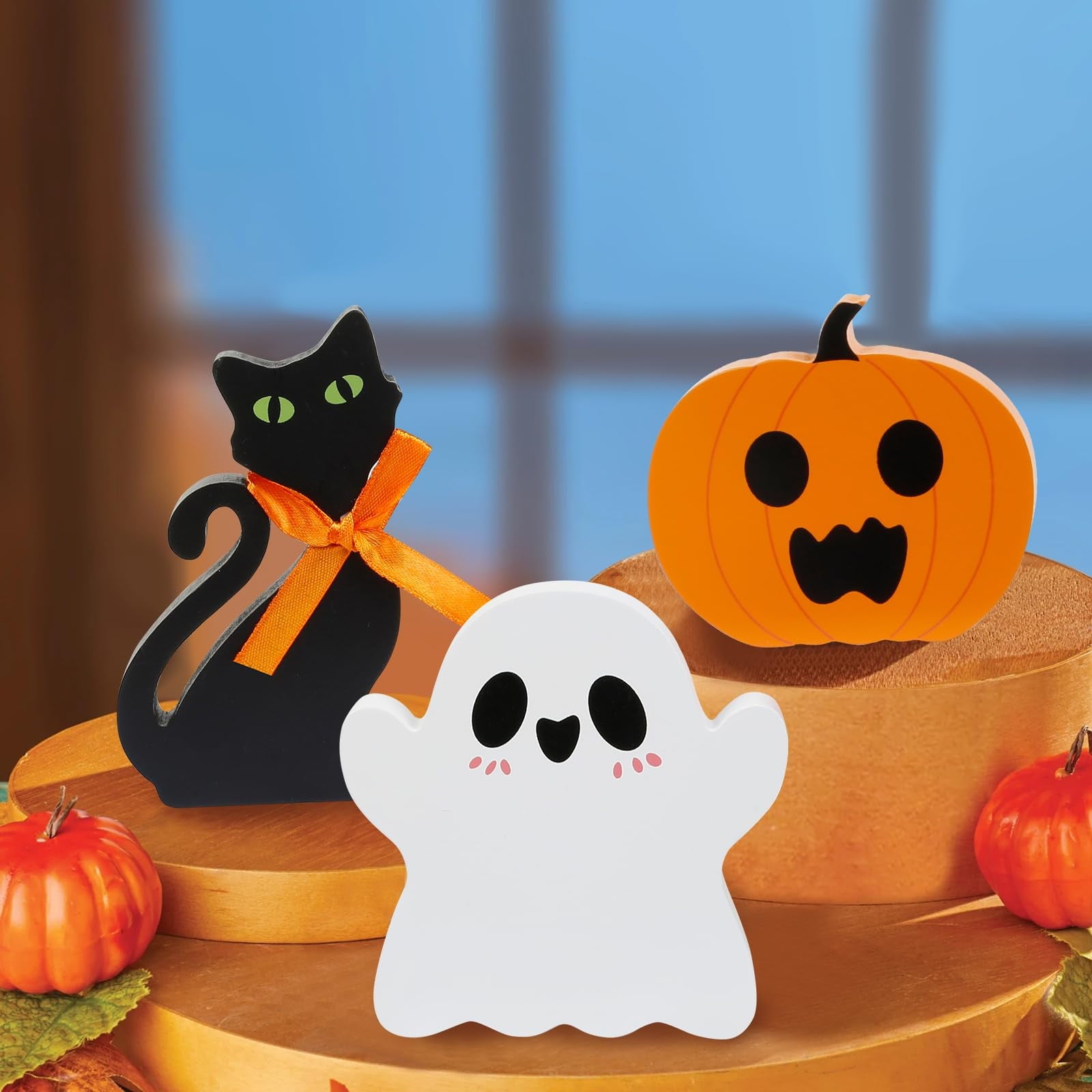 Halloween Decorations Cute Ghost Tiered Tray Indoor Halloween Tabletop Decor Table Wooden Signs Table Centerpieces Rustic Farmhouse Indoor Decorations for Halloween Fall Party Home Kitchen