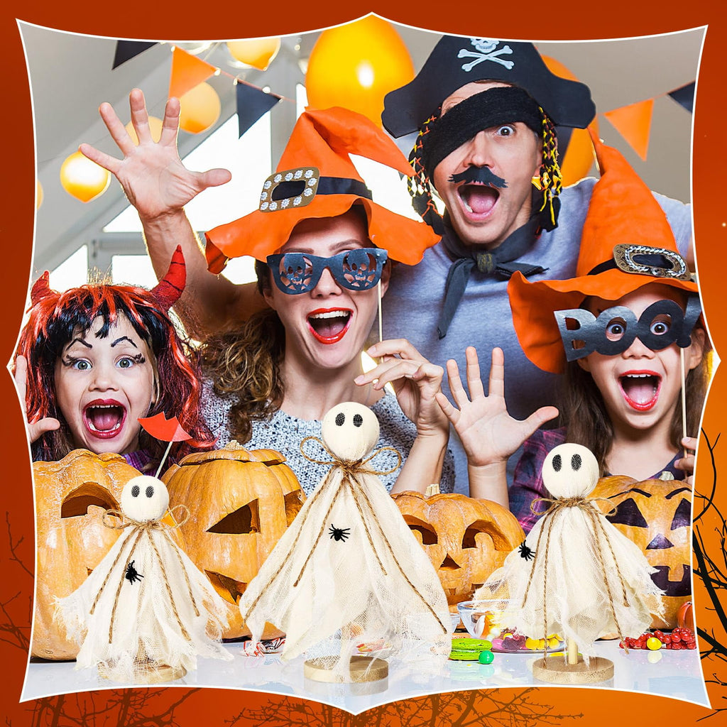 3 Pcs Primitive Halloween Ghost on Wooden Stand - Table Centerpieces, Tiered Tray Decor, Rustic Spooky Crafts for Fall Home Shelf Mantels, Indoor Decorations