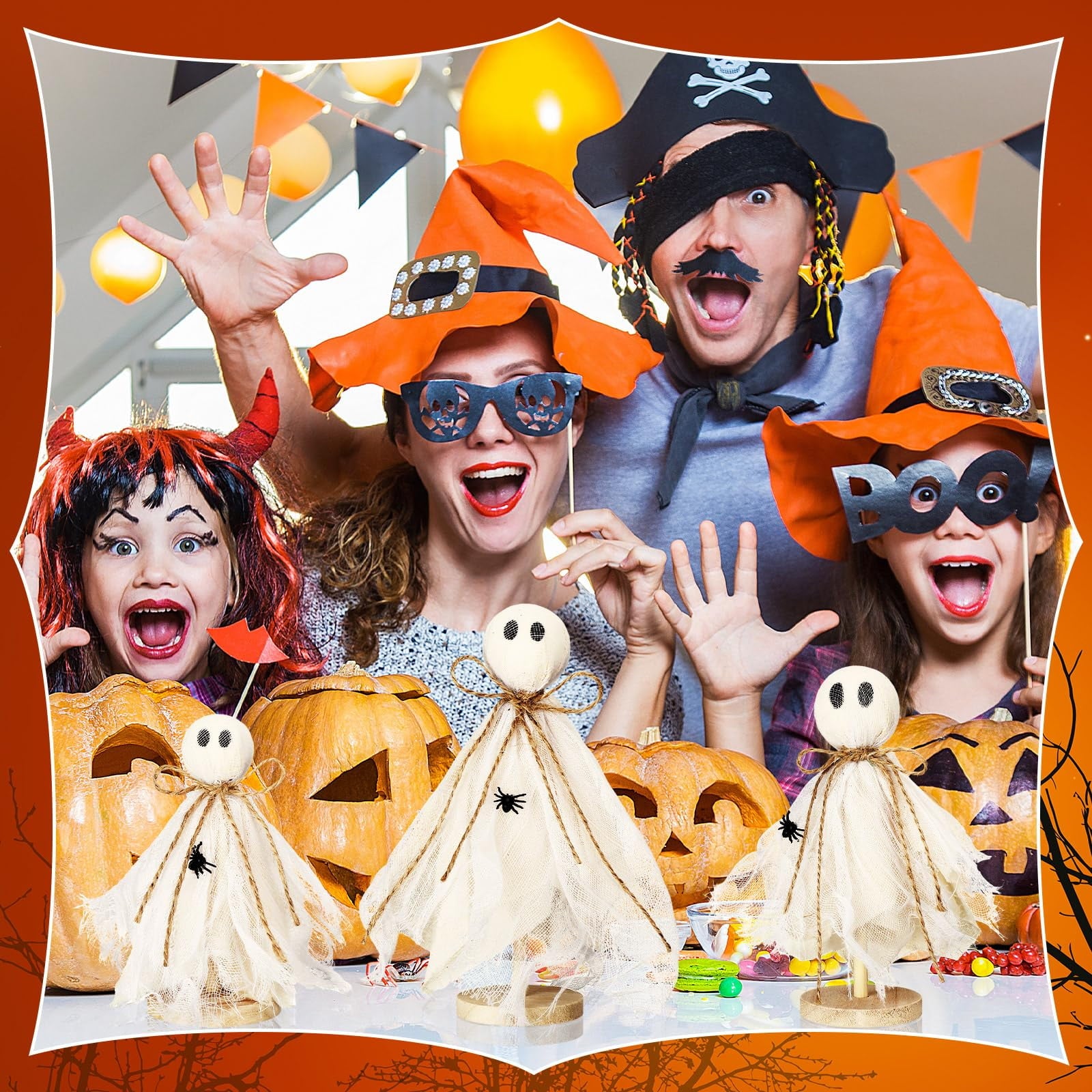 3 Pcs Primitive Halloween Ghost on Wooden Stand - Table Centerpieces, Tiered Tray Decor, Rustic Spooky Crafts for Fall Home Shelf Mantels, Indoor Decorations