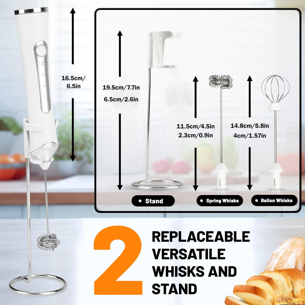 Rechargeable Handheld Milk Frother Wand – 3 Speeds Quietly, 2 Whisk Heads, Electric Coffee Foamer for Latte & Eggs