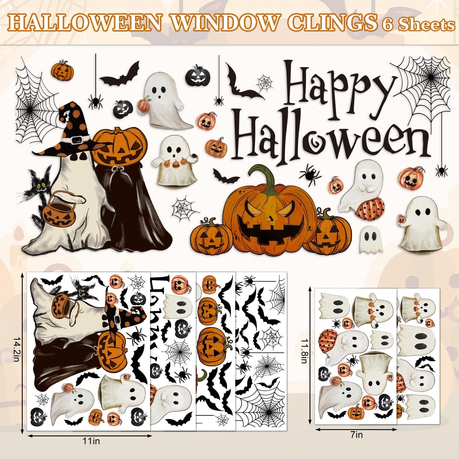 8 Sheets Halloween Window Clings Vintage Ghost Evil Pumpkin Bat Reusable Window Decals for Halloween Fall Party Supplies Home Glass Decor