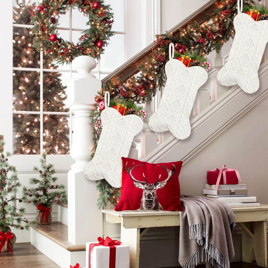 STYZIGZZ 18 Inches Christmas Stocking Cute Christmas Decorations Indoor Personalized Stockings Fireplace Knitted Xmas Stockings for Holiday Christmas Decoration White,2Pcs