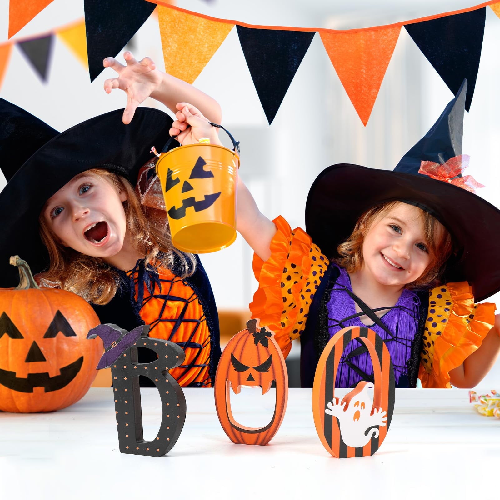 BOO Signs Halloween Table Decorations Indoor, Retro Halloween Black Orange Tiered Tray Decor Set of 3, Wooden Happy BOO Day Decoration Sign for Party Home Shelf Display