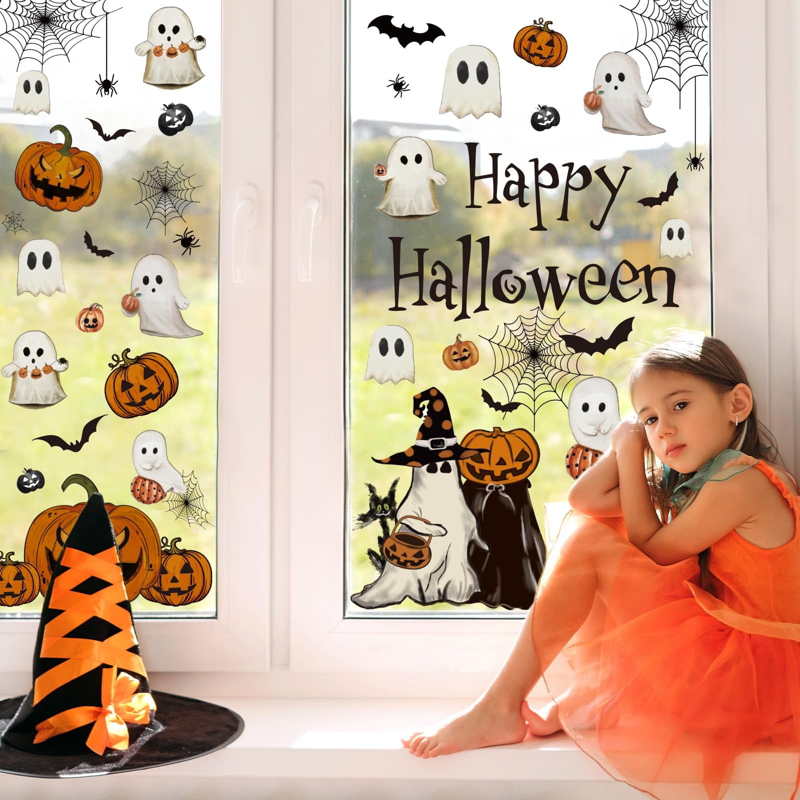 8 Sheets Halloween Window Clings Vintage Ghost Evil Pumpkin Bat Reusable Window Decals for Halloween Fall Party Supplies Home Glass Decor