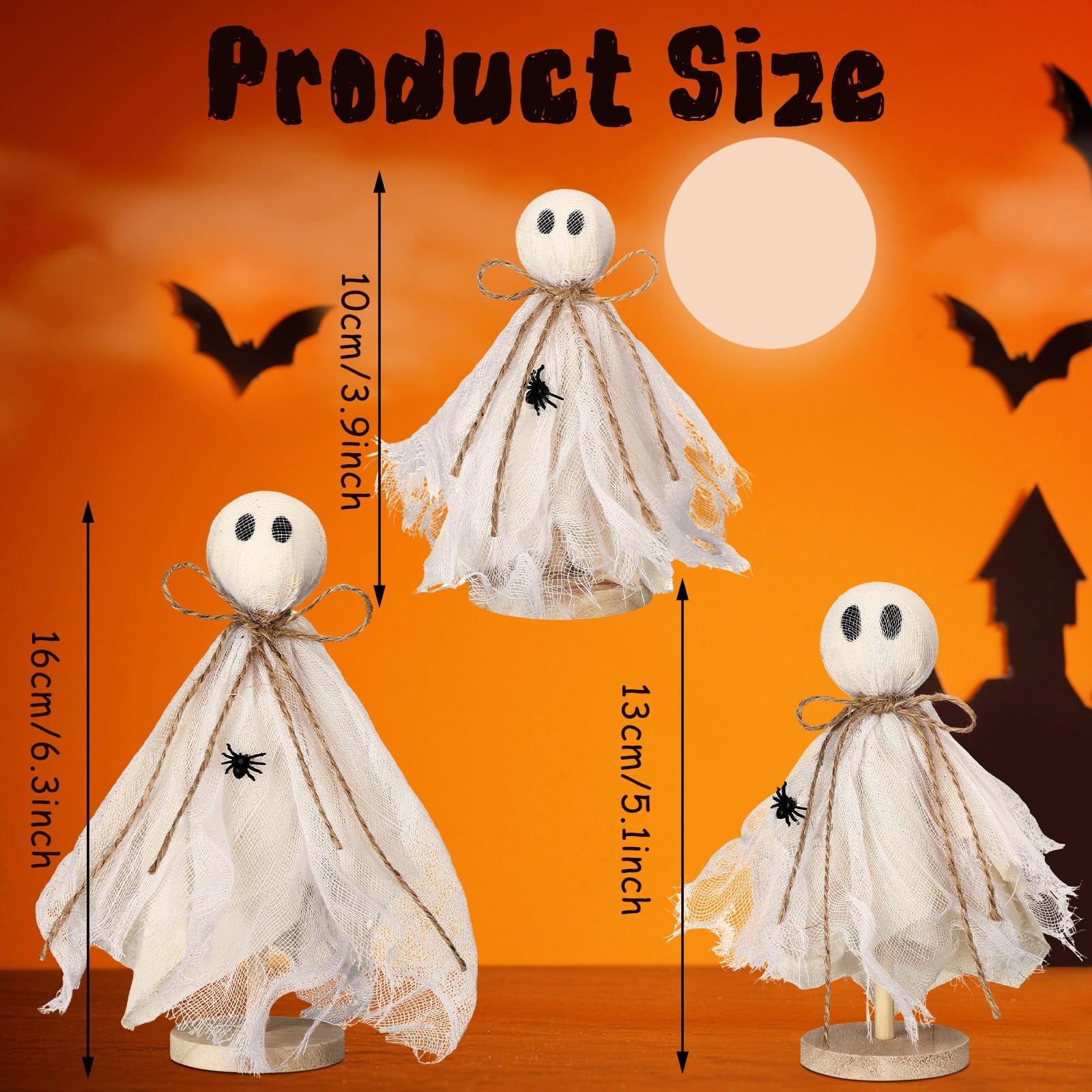 3 Pcs Primitive Halloween Ghost on Wooden Stand - Table Centerpieces, Tiered Tray Decor, Rustic Spooky Crafts for Fall Home Shelf Mantels, Indoor Decorations