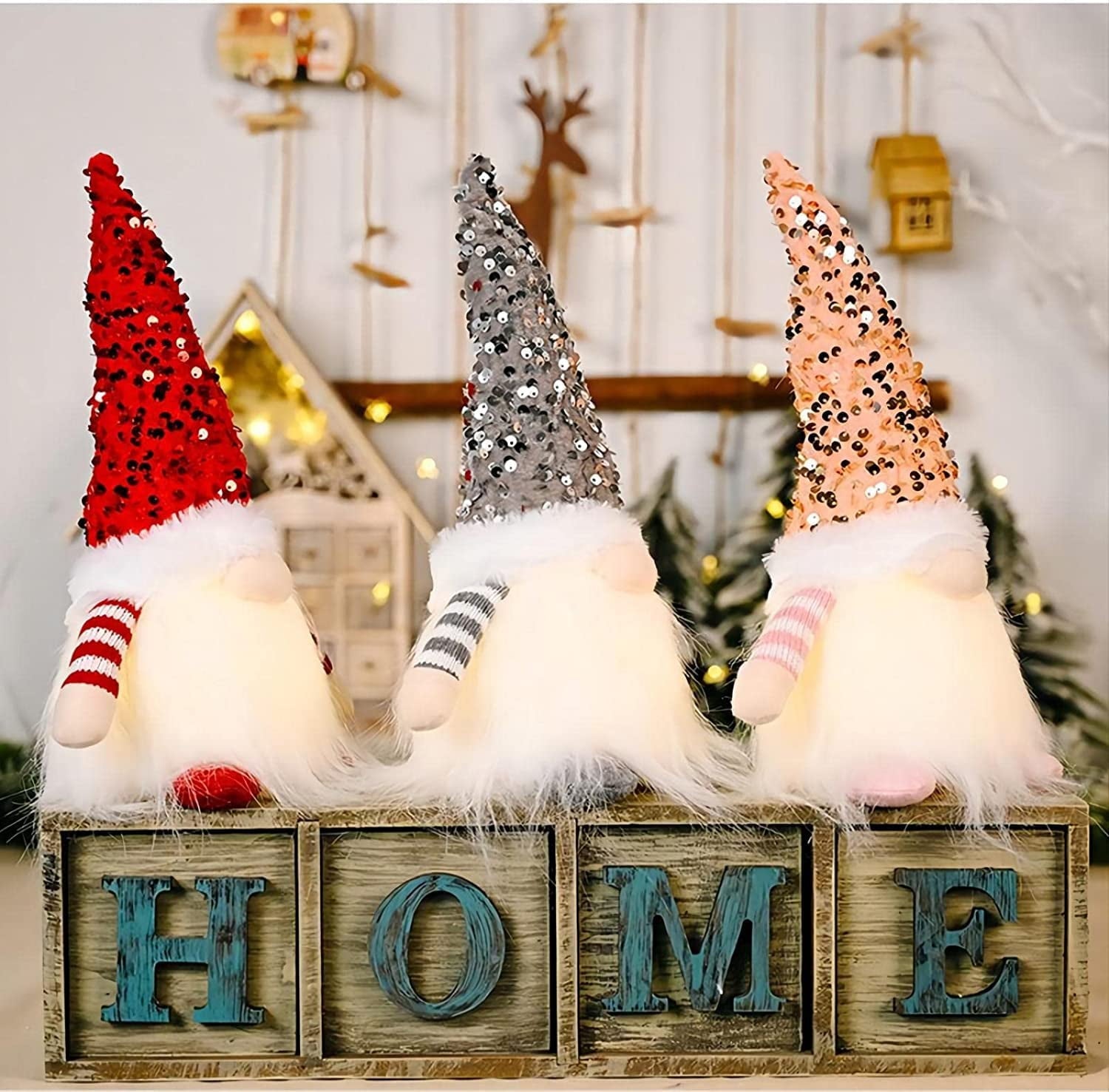 3PCS Christmas Gnome Decorations 12",Light Up Handmade Gnomes Plush Ornaments with Glitter Sequins Swedish Hat Leprechaun Dwarf,Holiday Table Decor & Gift