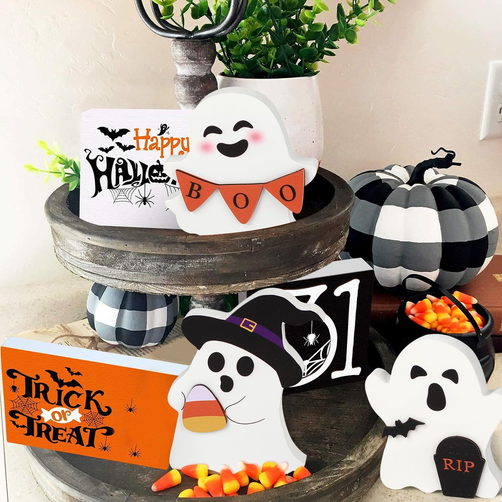Halloween Decorations Cute Stand Ghost Decor Tabletop Wooden Signs Table Centerpieces Indoor Decorations for Halloween Fall Party Home Kitchen