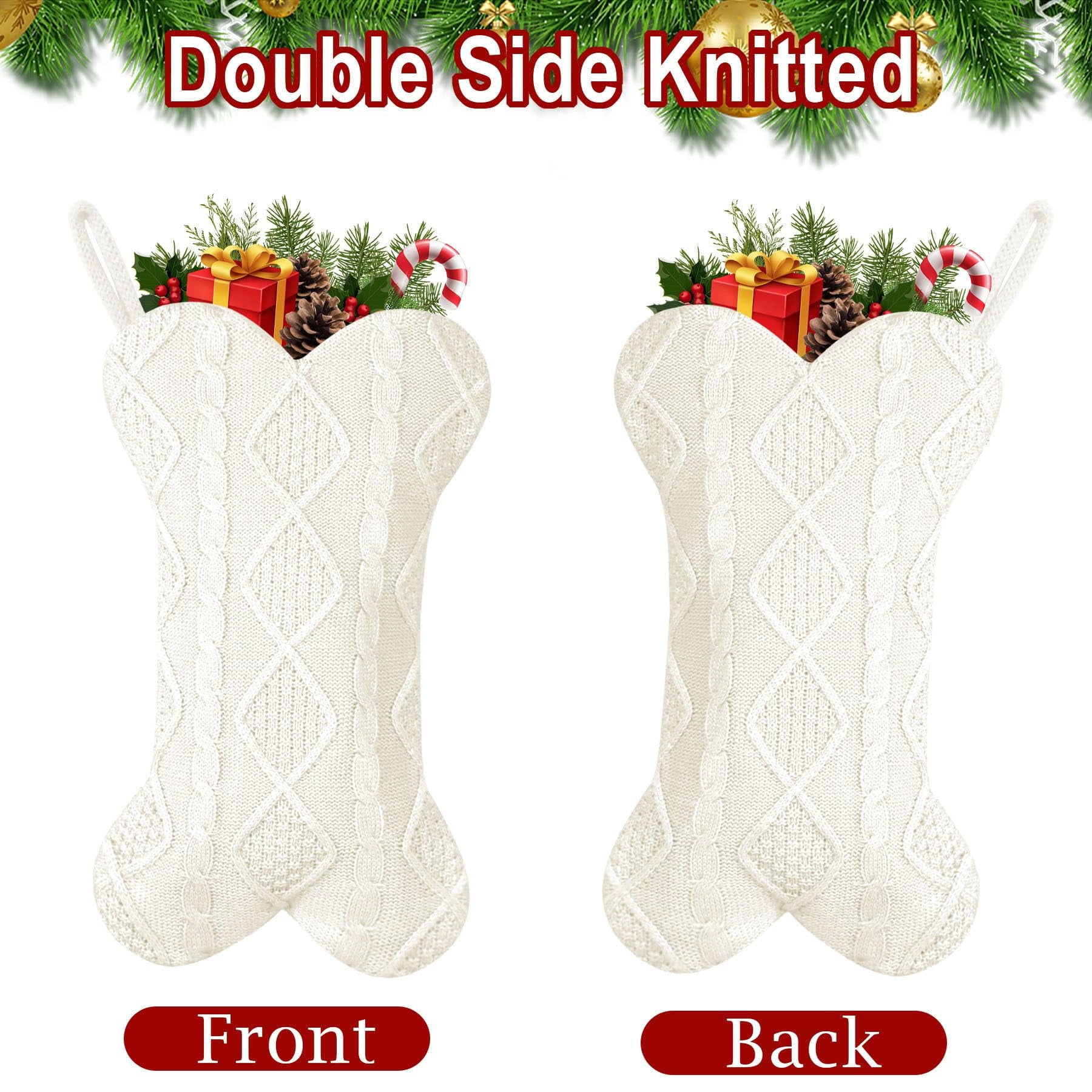 STYZIGZZ 18 Inches Christmas Stocking Cute Christmas Decorations Indoor Personalized Stockings Fireplace Knitted Xmas Stockings for Holiday Christmas Decoration White,2Pcs