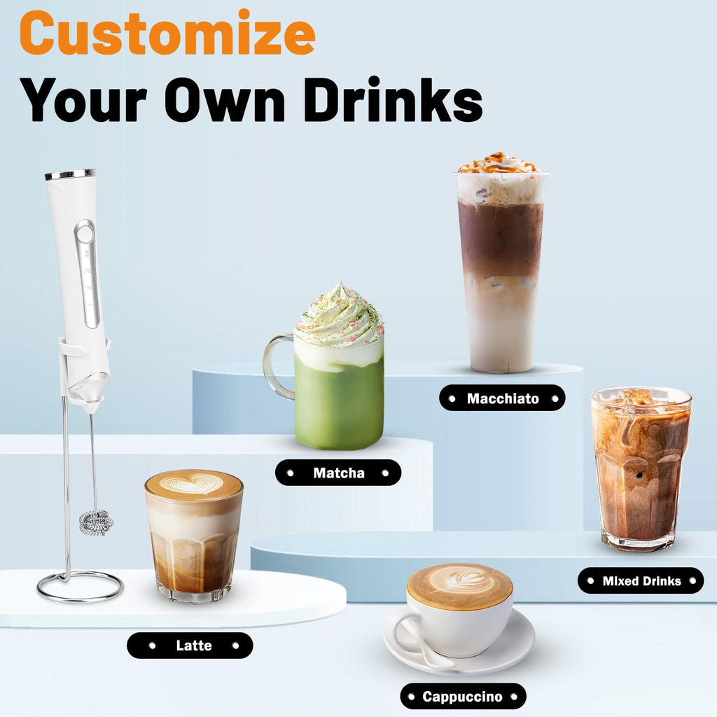 Rechargeable Handheld Milk Frother Wand – 3 Speeds Quietly, 2 Whisk Heads, Electric Coffee Foamer for Latte & Eggs
