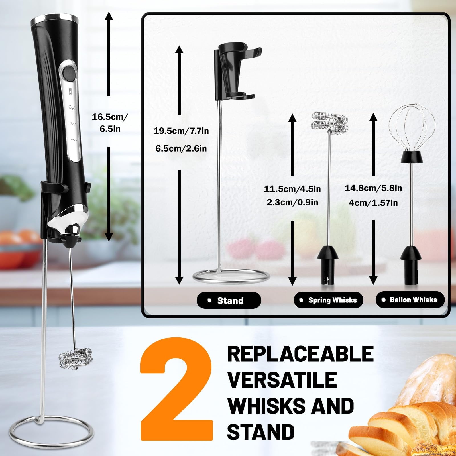 Milk Frother Type-C Rechargeable New Upgraded Handheld Frother Wand with 2 304 Stainless Whisks 1 Stand, 3 Speeds Electric Coffee Whisk Frother for Lattes, Cappuccino, Egg, Matcha, Black