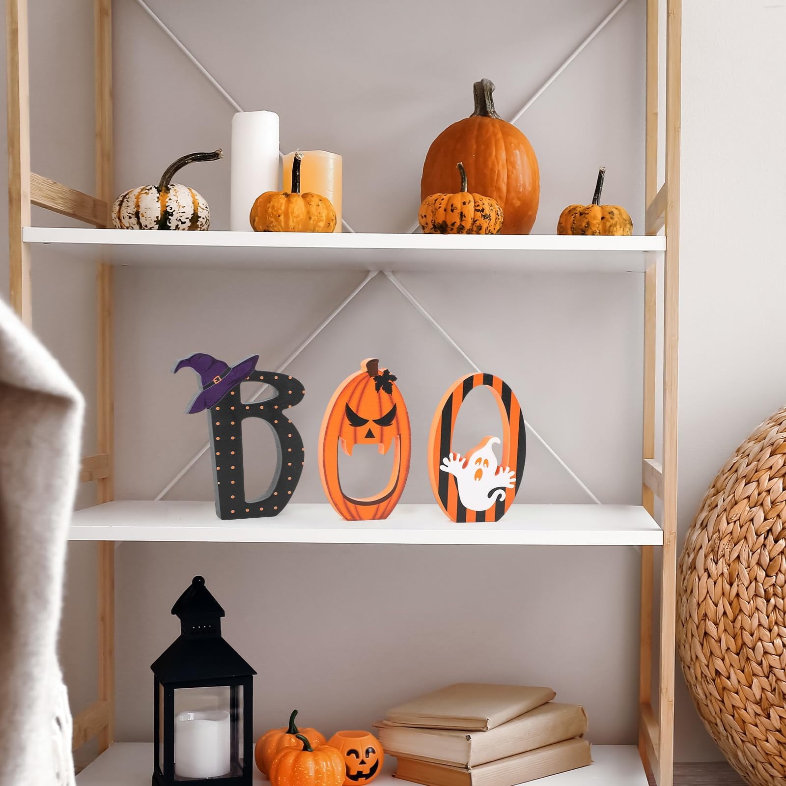 BOO Signs Halloween Table Decorations Indoor, Retro Halloween Black Orange Tiered Tray Decor Set of 3, Wooden Happy BOO Day Decoration Sign for Party Home Shelf Display