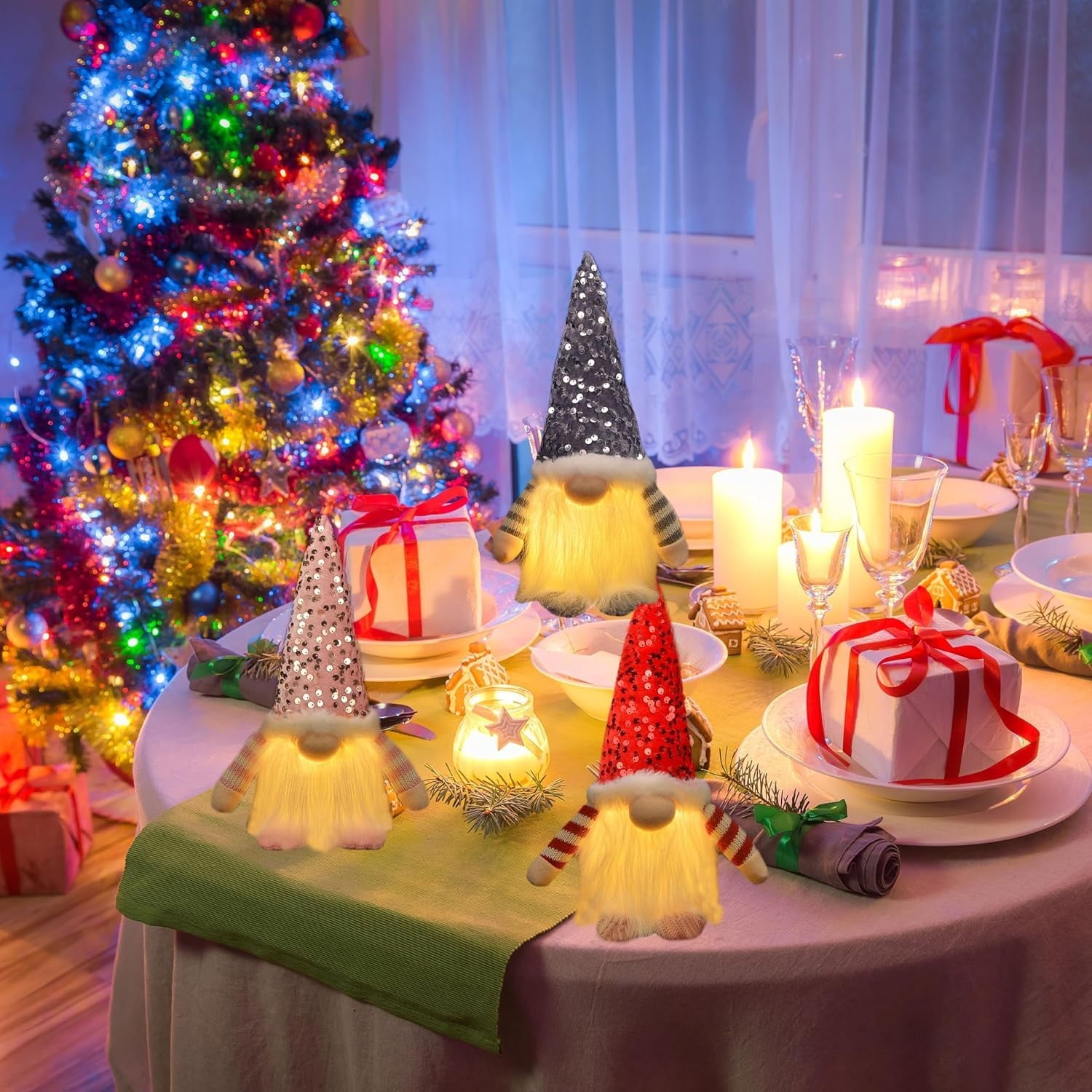 3PCS Christmas Gnome Decorations 12",Light Up Handmade Gnomes Plush Ornaments with Glitter Sequins Swedish Hat Leprechaun Dwarf,Holiday Table Decor & Gift