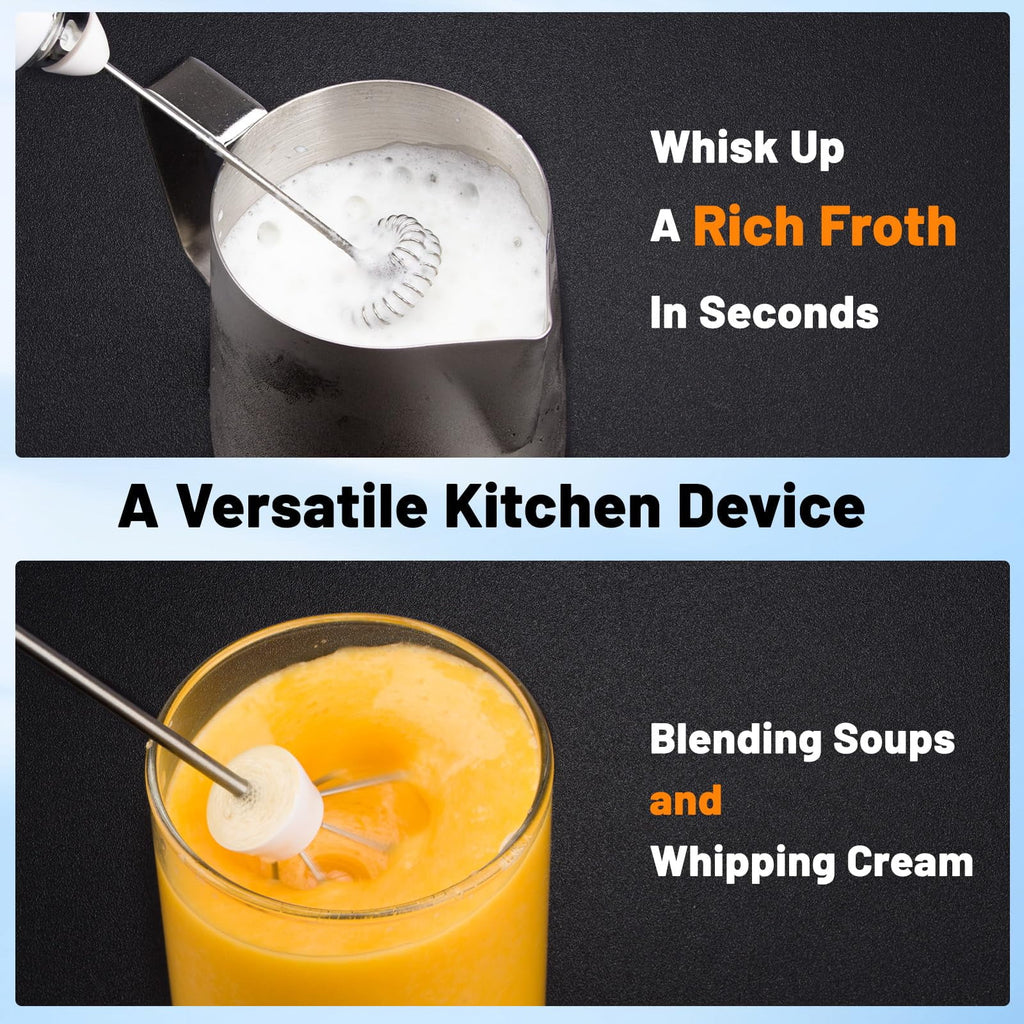 Rechargeable Handheld Milk Frother Wand – 3 Speeds Quietly, 2 Whisk Heads, Electric Coffee Foamer for Latte & Eggs