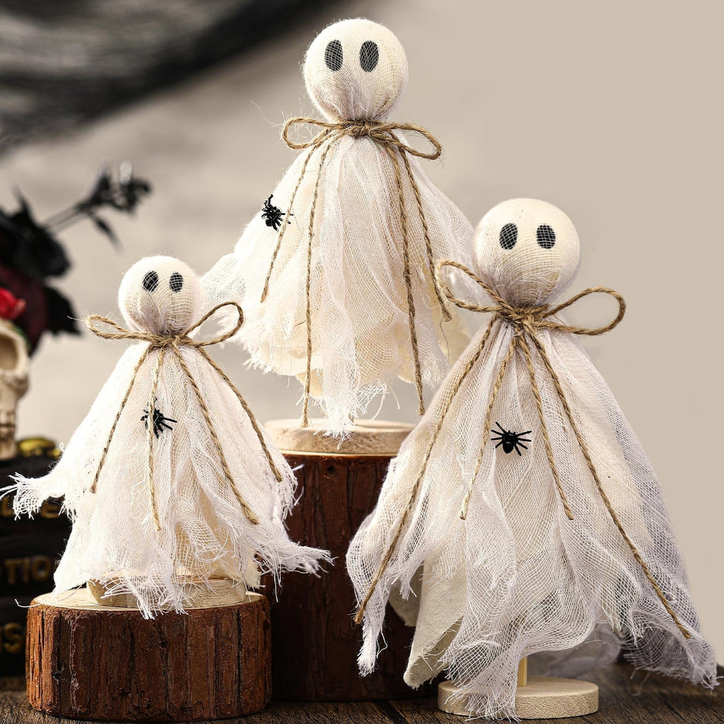 3 Pcs Primitive Halloween Ghost on Wooden Stand - Table Centerpieces, Tiered Tray Decor, Rustic Spooky Crafts for Fall Home Shelf Mantels, Indoor Decorations