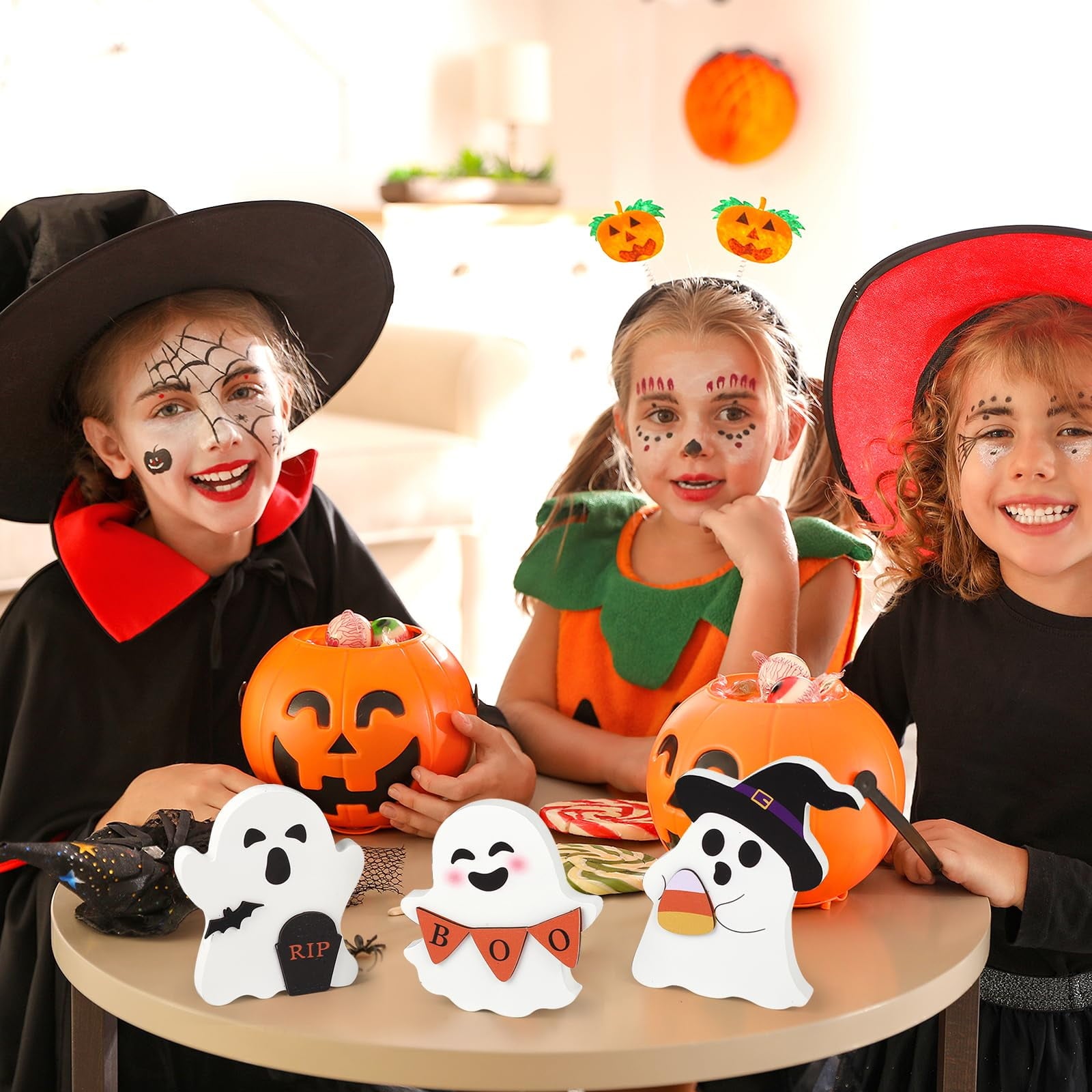 Halloween Decorations Cute Stand Ghost Decor Tabletop Wooden Signs Table Centerpieces Indoor Decorations for Halloween Fall Party Home Kitchen