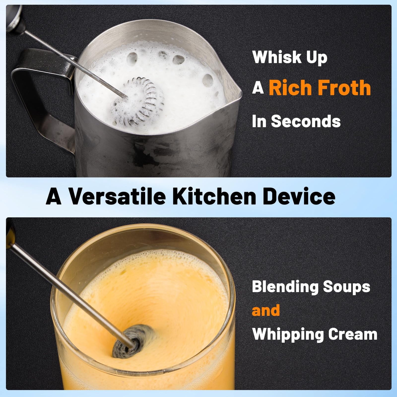 Milk Frother Type-C Rechargeable New Upgraded Handheld Frother Wand with 2 304 Stainless Whisks 1 Stand, 3 Speeds Electric Coffee Whisk Frother for Lattes, Cappuccino, Egg, Matcha, Black