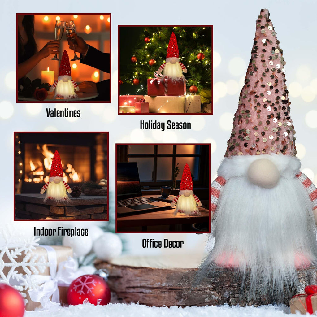 3PCS Christmas Gnome Decorations 12",Light Up Handmade Gnomes Plush Ornaments with Glitter Sequins Swedish Hat Leprechaun Dwarf,Holiday Table Decor & Gift