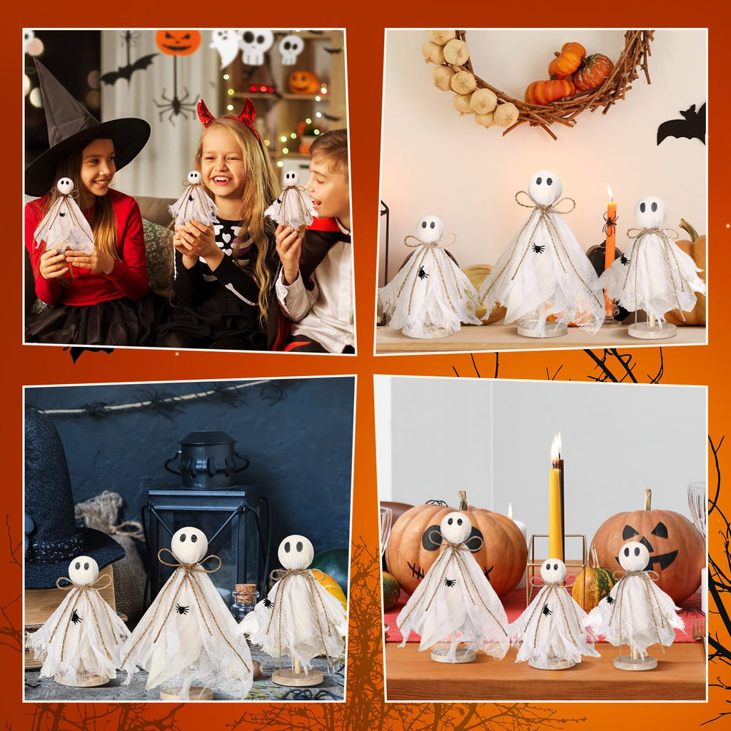 3 Pcs Primitive Halloween Ghost on Wooden Stand - Table Centerpieces, Tiered Tray Decor, Rustic Spooky Crafts for Fall Home Shelf Mantels, Indoor Decorations
