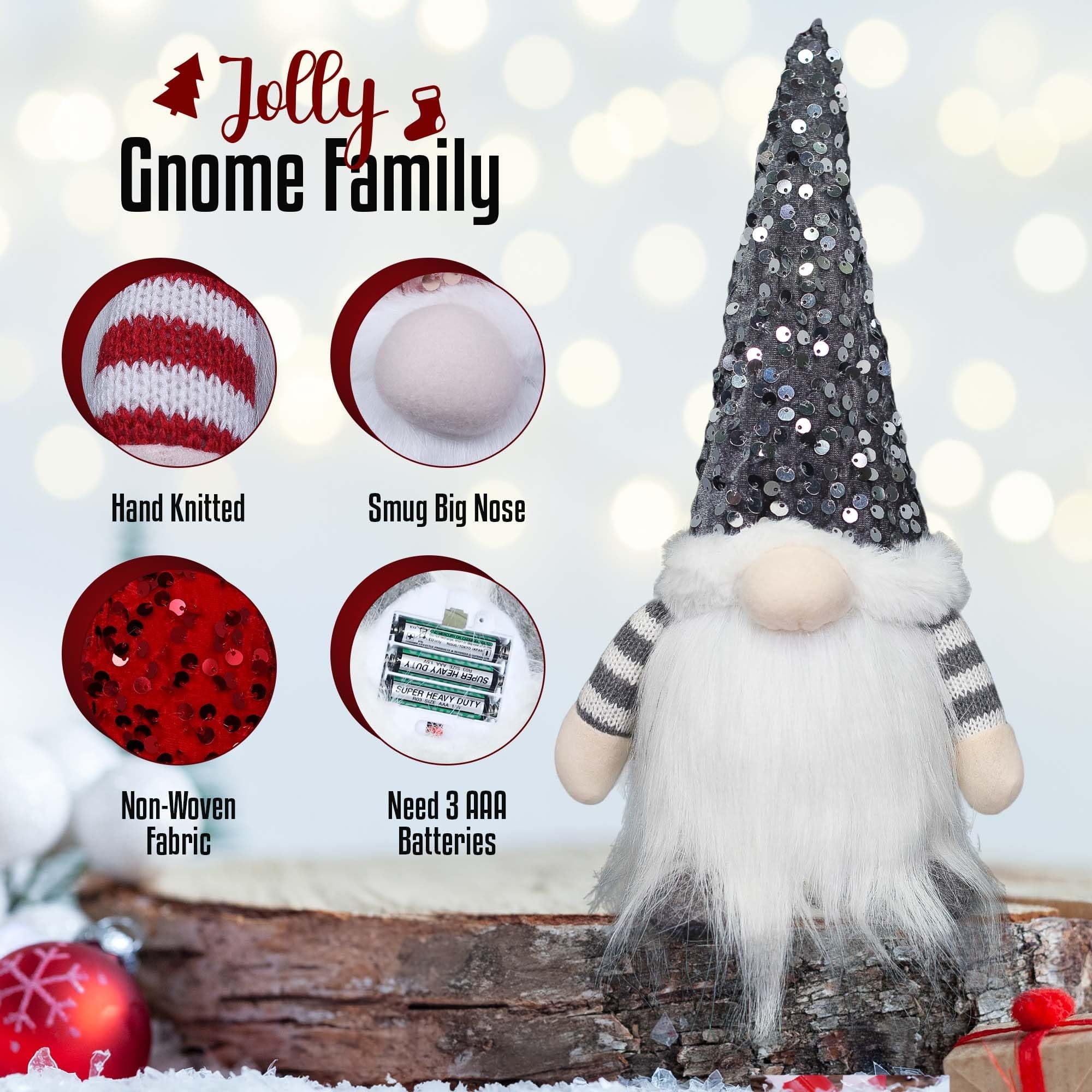 3PCS Christmas Gnome Decorations 12",Light Up Handmade Gnomes Plush Ornaments with Glitter Sequins Swedish Hat Leprechaun Dwarf,Holiday Table Decor & Gift