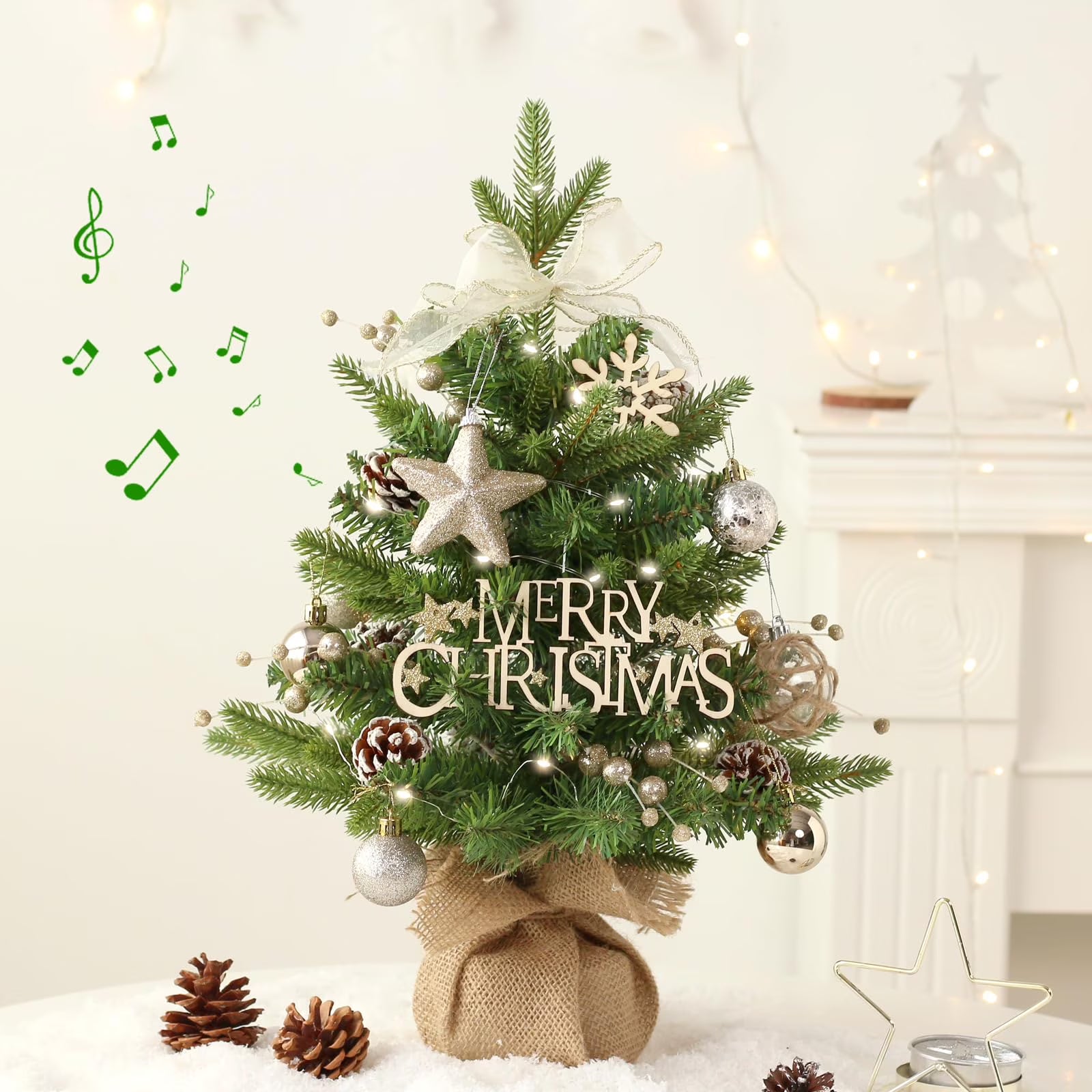 STYZIGZZ 18 inch Mini Christmas Tree Green Tabletop Xmas Tree with Rotating Music & Ornaments Desktop Christmas Decoration Set with Ornaments for Indoor Outdoor Use